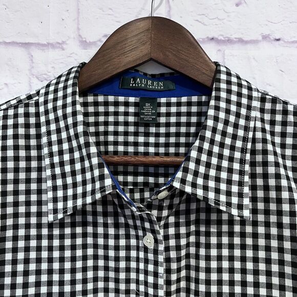 Lauren Ralph‎ Lauren Womens Plus 3X Black White Gingham Button Up Shirt Blouse - Picture 3 of 15